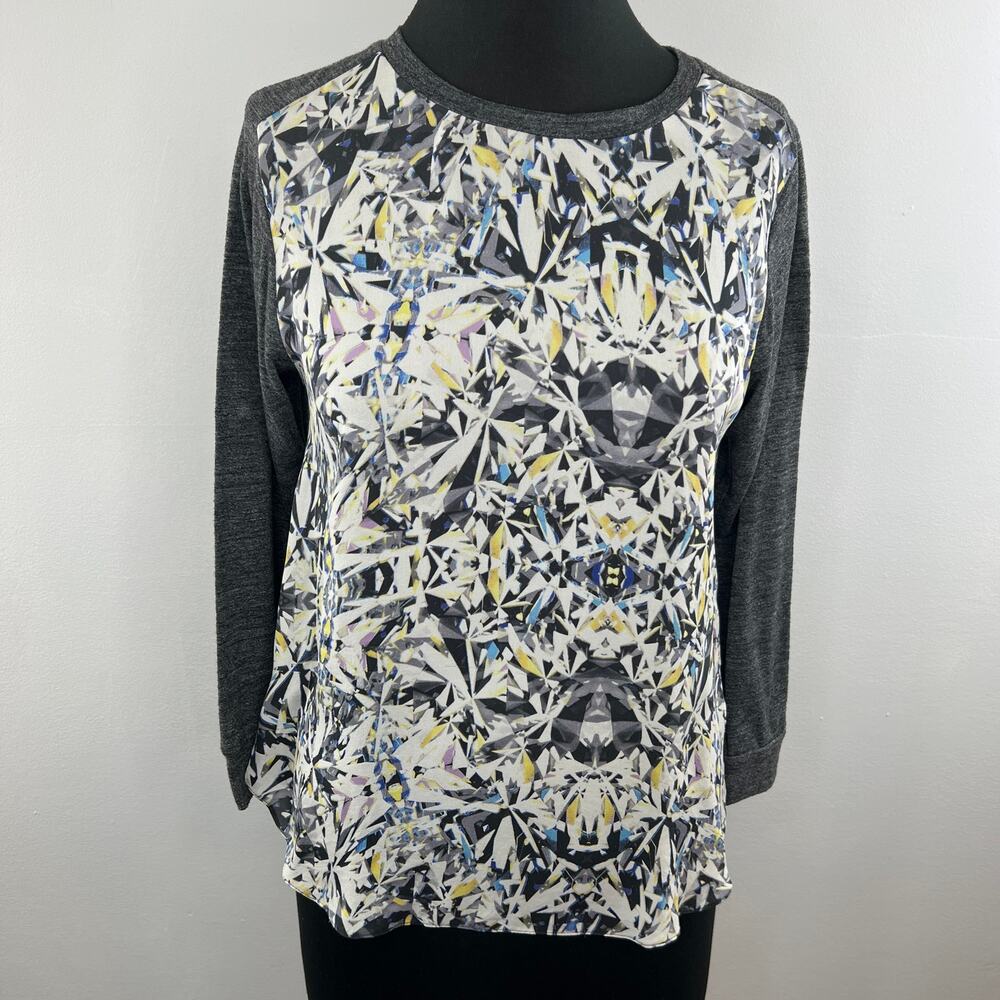 Rebecca Taylor Gray White Abstract Long Sleeve Round Neck Silk Pullover Top S